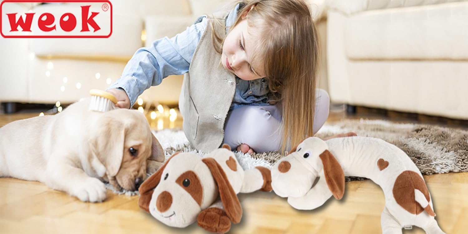 WEOK — a child introducing heartbeat puppy toys to a labrador puppy at home