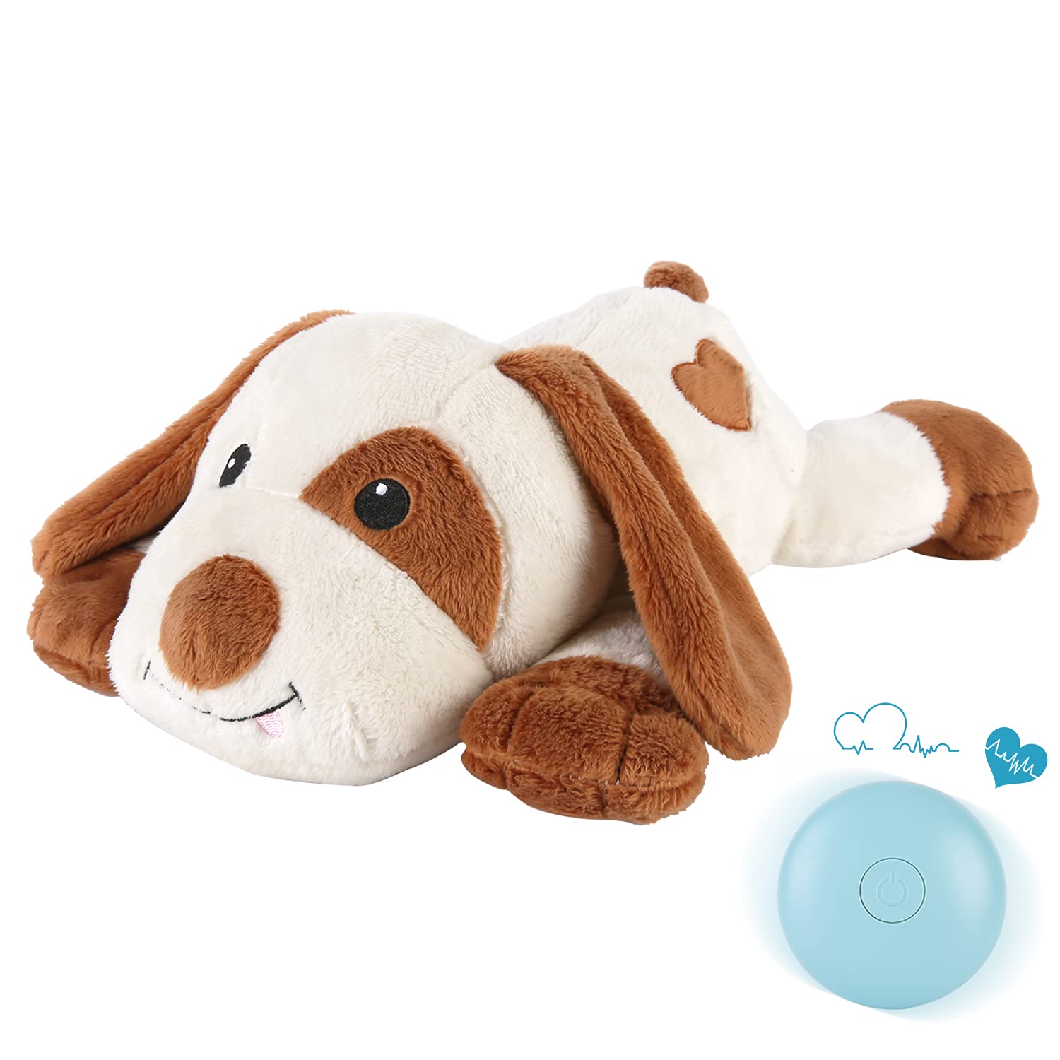 WEOK heartbeat puppy toy — cream spotted pup with the blue pulse module